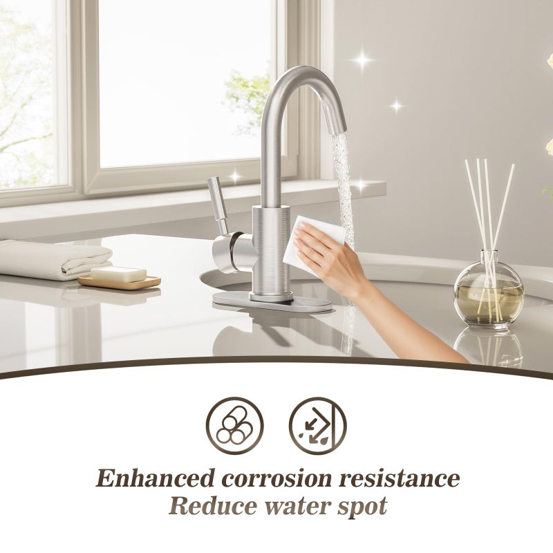 Phiestina Bathroom Sink Faucet,Single-Handle Bathroom Faucet with 4 Inch Deck Plate and Metal Drain, Fit for 1 or 3 Hole Installation, 360 Degree Rotation Spout, Brushed Nickel, WE08E-BN - Image 3